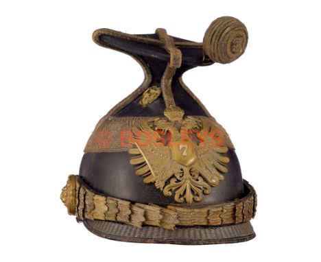 Austrian Officer's Czapka for the 7th Uhlan Regiment of Lancers. This example with a black patent leather body, surmounted by