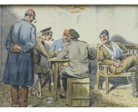 R. LEHMANN (1856 - 1929) - study of WWI soldiers playing cards in a market square, watercolour, signed and set within an ebon