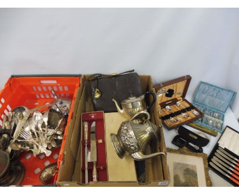 Two boxes of mostly silver plated items, a Mexican coffee pot, cased cutlery, a gilt framed print etc. 