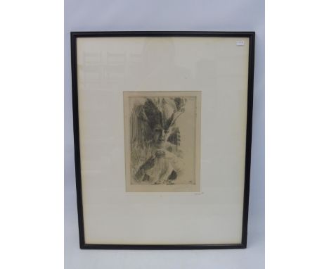 An unusual early 20th Century black and white engraving of a smartly dressed lady, signed and dated 1906, titled 'Une Bague' 