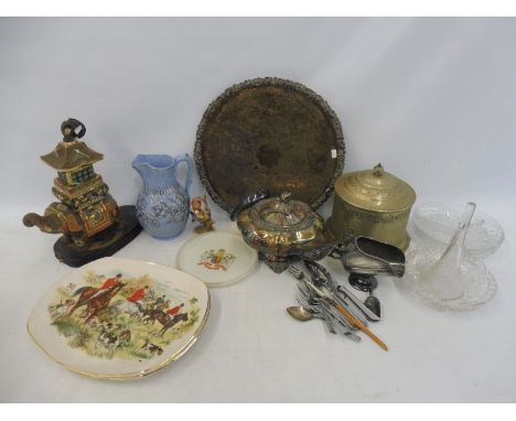 A small group of silver plate including a biscuit barrel plus a selection of ceramics and glassware including an Oriental lam