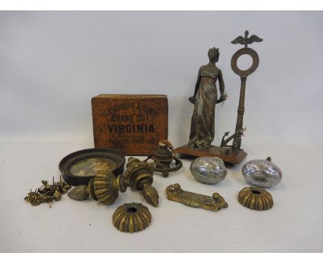 A small box of mixed collectables including a spelter desk lamp in the form of a standing lady etc. 