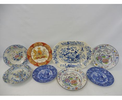 A large 19th Century ironstone meat platter stamped 'Dresden Opaque China' 15 x 11", two Victorian ironstone soup bowls and a