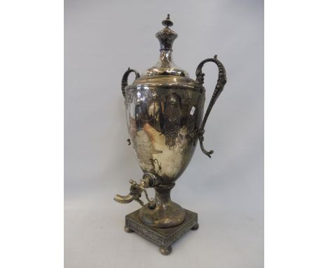 A silver plated Adam style urn shaped samovar with presentation inscription 'To our old pal Jim Pratt The Father of Boxing in