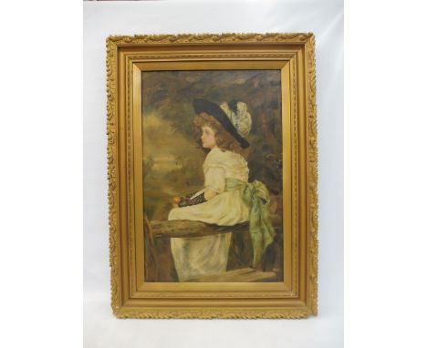 A. VENN - portrait of a young lady holding an apple, sat on a stile, oil on canvas, signed and dated 1901 lower left, gilt fr