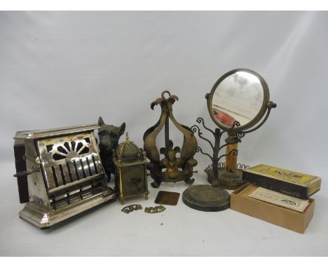 A 19th Century lacquered brass circular mirror on a marble column, plus an Arts and Crafts ceiling light fitting and various 