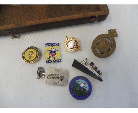 A small quantity of enamel lapel badges including Butlins 1965, Bury FC Development Association and the Queen Mary, also a br