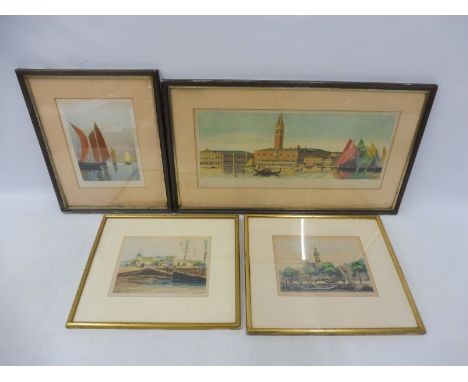 A framed and glazed coloured print of Venice, signed to the margin in pencil, 24 1/2 x 14" plus three smaller framed and glaz