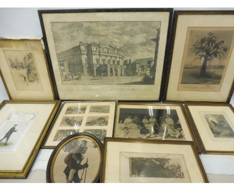 A large framed and glazed black and white print of an Italian palace, a selection of engravings, reproduction photographs and