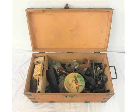 SMALL WOODEN TRUNKwith metal banding, the lift up lid revealing a selection of tools, including a hand drill, various planes,