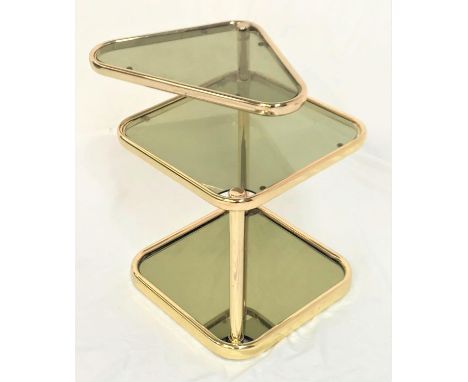 1970s OCCASIONAL TABLEwith a moveable triangular smoked glass shelf above a square smoked glass shelf and a smoked mirror bas