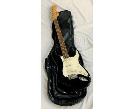 SQUIER BY FENDER STRAT 20TH ANNIVERSARY AFFINITY ELECTRIC GUITARthe black gloss body with white pickguard, with mother of pea