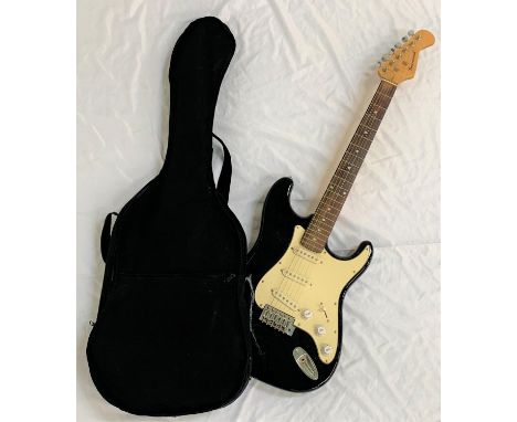 BURSWOOD STRATOCASTER STYLE ELECTRIC GUITARright handed, full size, with black gloss body and white pickguard, strap button, 