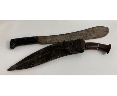 KUKRI KNIFEwith a shaped blade, 31.5cm long, and hardwood handle, together with it's two smaller boning knives, contained in 