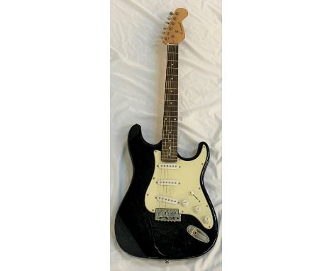 BURSWOOD STRATOCASTER STYLE ELECTRIC GUITARright handed, full size, with black gloss body and white pickguard, strap button, 