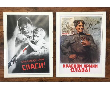 TWO REPRODUCTION RUSSIAN SOVIET ERA PROPOGANDA POSTERSone from 1945 by L. Golovanov, reading 'Glory to the Red Army!'; the ot