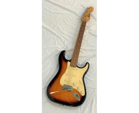 SQUIER BY FENDER STRAT ELECTRIC GUITAR serial - YN 506773, 1995 model, the sunburst body with white pickguard, 6 strings, 3 k