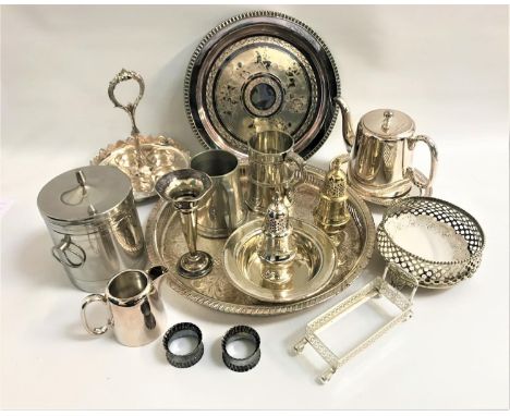 LARGE SELECTION OF SILVER PLATEincluding trays, bottle holder, napkin rings, spill vase, tea set, chamber stick, sauce boats,