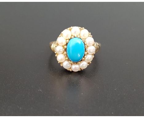 TURQUOISE AND PEARL CLUSTER RINGthe central oval cabochon turquoise in twelve pearl surround, on nine carat gold shank, ring 