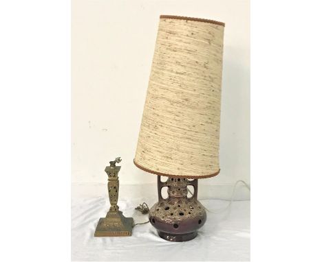 WEST GERMAN POTTERY LAMPwith pierced decoration, side handles and brown glazed body, with a hessian shade, 90cm high, togethe