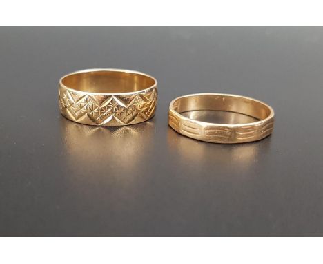 TWO NINE CARAT GOLD RINGSboth with engraved decoration and both ring size P, total weight approximately 4.8 grams 