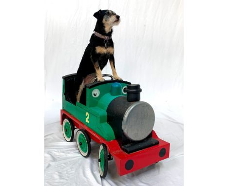 VINTAGE HENRY THOMAS THE TANK ENGINE PEDAL CARthe metal ride on car with padded seat, six wheels controlled with a metal stee