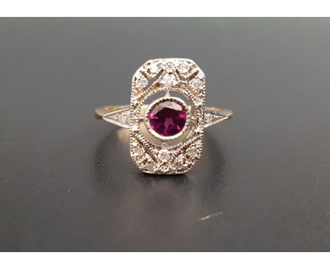 ART DECO STYLE RHODALITE AND DIAMOND PLAQUE RINGthe central round cut rhodalite in pierced multi diamond set surround, on eig