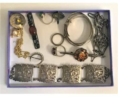 SELETION OF SILVER JEWELLERYincluding a bracelet with pierced panel links depicting a figure riding a dragon; three expanding