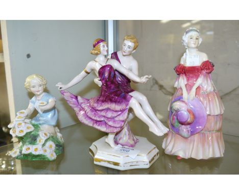 A Royal Doulton figure 'Veronica' HN1517; a Royal Worcester figure 'May' and an Art Deco group of 2 dancers; 2 character jugs