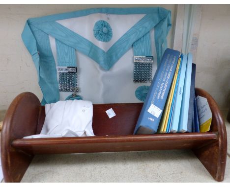 An inlaid mahogany bookshelf; a Masonic pouch and books; an Art Nouveau style photo frame; etc.