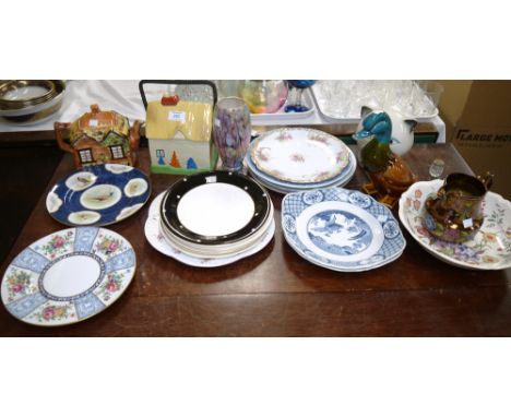A Cottage ware teapot and biscuit barrel, a novelty cat's head string box, a large 1970's German lava ware vase and decorativ