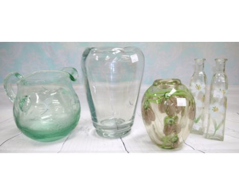 A Moser green glass water jug etched with birds; an Art glass vase; a vase and 2 phials decorated with flowers