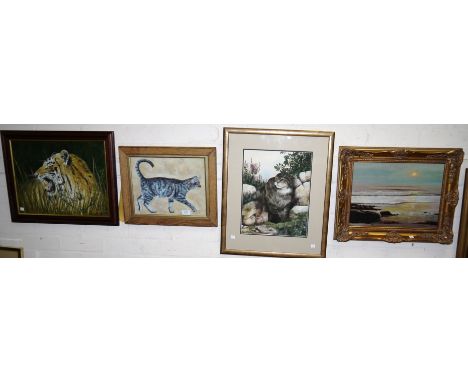 D.J.B: oil on paper portrait of a tabby cat 10"x13", a gouache of a wild cat signed Caroline Manning and two others