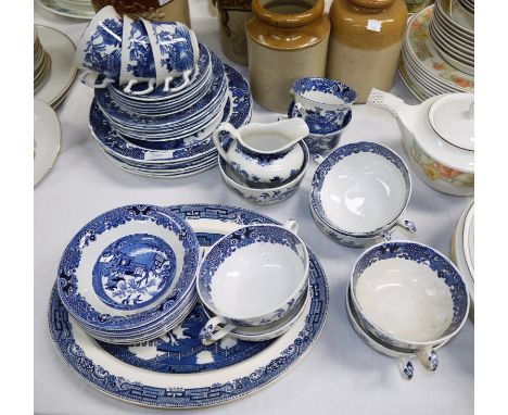 A 1930s Burleigh ware blue and white Willow pattern dinner and tea service (approx 40 pieces)