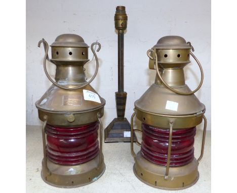 A pair of vintage ship lamps by 'B' Pedersen Landternefabrikk Oslo in brass with red glass shades; an Art Deco table lamp wit