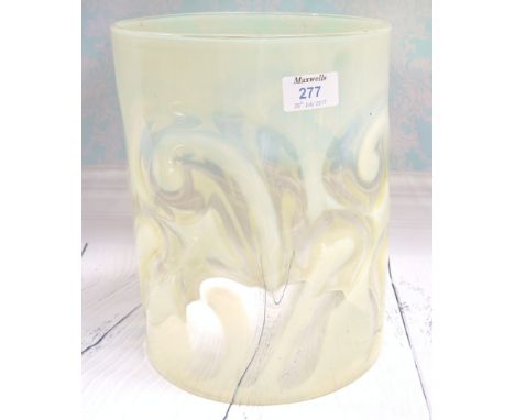 An Edwardian cylindrical Vaseline glass lantern shade with scrolled opaque decoration