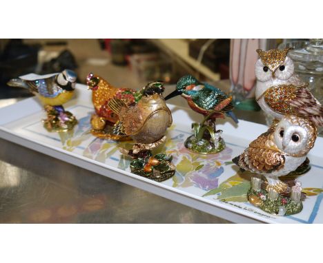 6 Fabergé style jewelled metal bird boxes