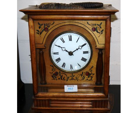 A 19th century Black Forest lightwood mantel clock with white enamel dial and painted decoration, 30 hour double fir tree wei