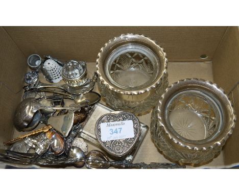 Silver heart shaped embossed trinket box, Birmingham 1900; a pair of silver rim glass vases; silver plated cutlery; collectab