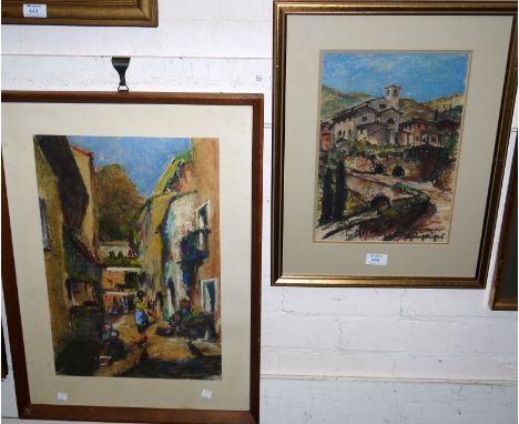 R Kirshcbichler: a crayon sketch of Bolsano, Italy signed, attributed en verso 13"x 9.5" and another sketch by the same artis