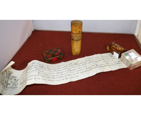 A small dome top tortoise shell trinket box; a mother of pearl trinket box;  a tartan trinket box; a presentation scroll ''Fr