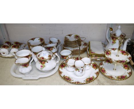 A Royal Albert Old Country Roses tea and coffee service including teapot, coffee pot, 2 cake stands, napkins etc (approx 54 p