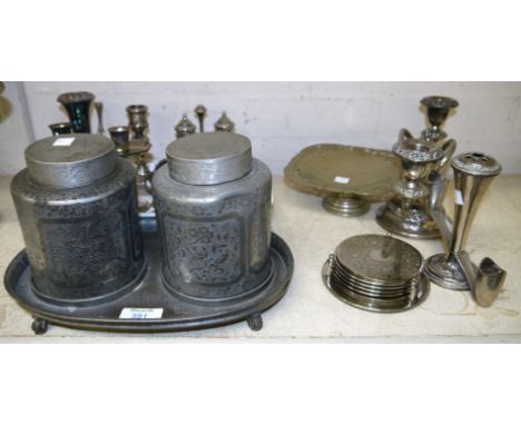 An unusual pair of Chinese tea caddies with engraved decoration and fitted tray and other silver plate