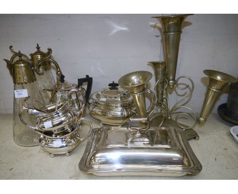 A 4 flute epergne; a pair of 19th century fern etched claret jugs with plated mounts; a Georgian style 4 piece tea set , entr