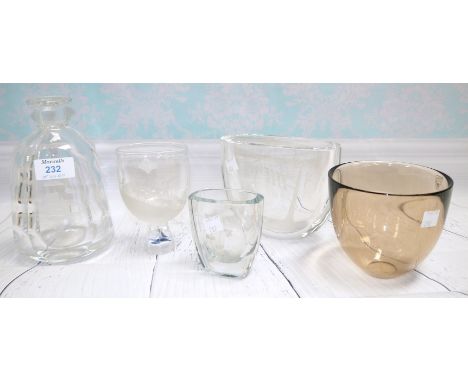 An Orrefors decanter etched with a ship (no stopper); 5 Orrefors vases