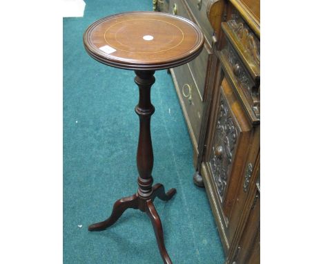 A MAHOGANY INLAID JARDINERE STAND the circular top above a baluster column on tripod support 89cm (h) x 31cm (d)