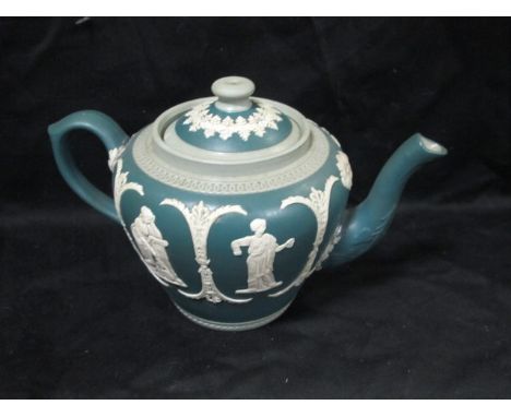 A GREEN WEDGEWOOD STYLE TEAPOT 