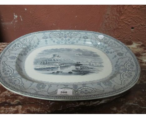 A COPELAND CHINA MEAT PLATTER the light blue and white ground with central panel depicting figures on bridge 29cm x 40cm 