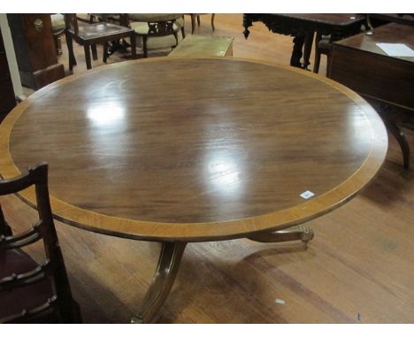 A GOOD GEORGIAN STYLE MAHOGANY AND KINGWOOD CROSS BANDED AND BRASS INLAID POD TABLE the circular moulded top above a baluster