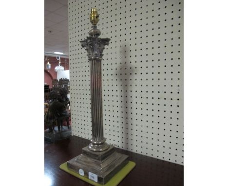 A PLATED CORINTHIAN COLUMN TABLE LAMP on square stepped base